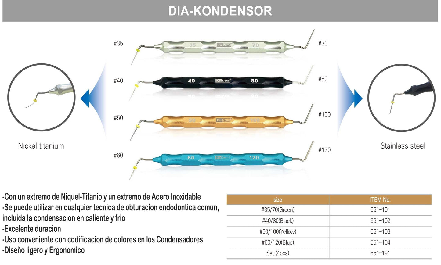 Dia-Kondensor , Condensador Manual de Guttapercha para tecnica de onda continua Con 4 Inst.